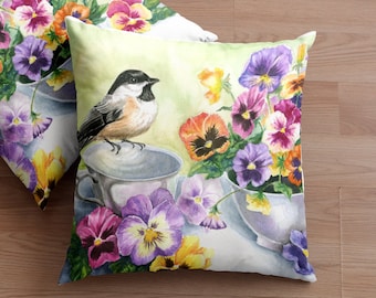 Beautiful Throw Pillow with Chickadee and Pansies Art, Colorful Home Decor #100