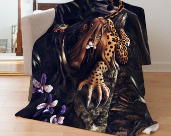 Huntress Blankets, Furry Art, Fursona, Cat Woman Jungle Blanket, Fantasy Art, Fantasy Artwork, Nerdy Gifts, Geek Gifts, Goth Decor