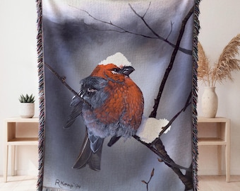 Grumpy Bird Woven Blanket, Funny Wildlife Art Throw Blanket, Rustic Cabin Decor, Gift for a Birdwatcher, Bird Lover, Nature Lover