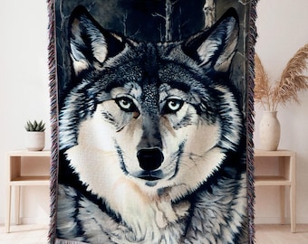 Gray Wolf Woven Blanket, Cottagecore Couch Throw, Woodland Animal Art, Rustic Cabin Decor, Gift for a Nature or Wildlife Lover