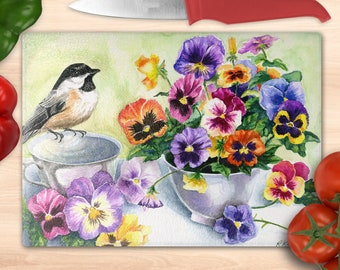 Glass Cutting Board - Chickadee & Pansies, Wildlife Art, Cottage Core, Great Gift for an Animal Lover, Chef, Cook or Anyone Who Loves Nature