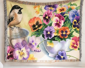 Chickadee and Pansies Woven Blanket, Floral Couch Throw, Watercolors Tapestry, Cottagecore Decor, Gift for Bird Lover, Birdwatcher, Gardener