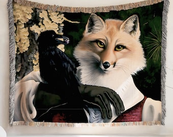 Fox and the Raven Woven Blanket, Aesop's Fables, Storybook Wall Tapestry, Goblincore Decor, Dark Academia, Gift for Reader, Folklore Lover