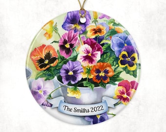 Personalized Pansies Porcelain Ornament, Pansy Lover Gifts, Christmas Ornaments, Cottage Core, Farmhouse Decor, Garden Lover Gifts