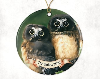 Personalized Owls Porcelain Ornament, Owl Lover Gifts, Christmas Ornaments, Cottage Core, Farmhouse Decor, Rustic Cabin Decor