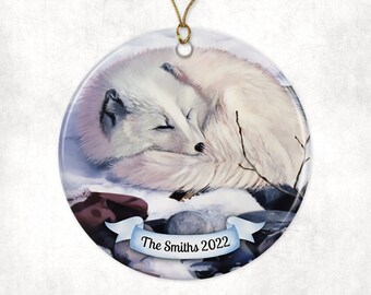 Personalized Arctic Fox Porcelain Ornament, Fox Lover Gifts, Christmas Ornaments, Cottage Core, Farmhouse Decor, Rustic Cabin Decor