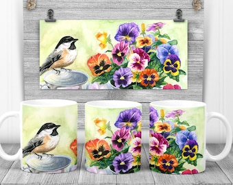 Chickadee and Pansies Mug, Watercolor Art, Bird Art, Cottagecore Decor, Gift for Mom, Mother's Day Gifts, Birthday Gifts  #100