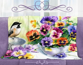 Colorful Throw Blanket with Chickadee and Pansies, Beautiful Floral Blanket, Gift for Grandma, Gift For Mom, Baby Shower Gift #100