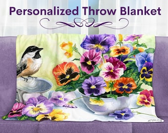 Personalized Throw Blanket, Chickadee and Pansies, Floral Blanket, Gift For Grandma, Gift For Mom, Baby Shower Gift #100