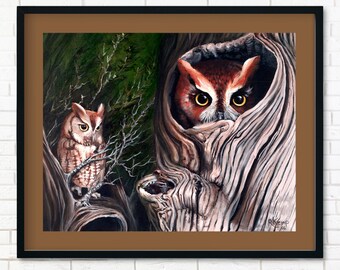 Owl Art Print, Screech Owl Wildlife Painting, Woodland Nature Wall Art, Goblincore Illustration, Cottagecore Decor, Gift for Bird Lovers