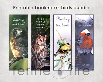 4 Printable Bookmarks Bundle, Bird Bookmarks, Bird Lover Gift, Teacher Gift, Book Lover Gift, Party Favors, Printable Art, Instant Download