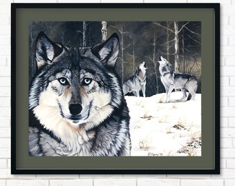 Gray Wolves Print, Wolf Wall Art, Winter Woods Painting, Nature Illustration, Cottagecore Decor, Rustic Cabin Artwork, Gift for a Wolf Lover