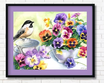 Chickadee and Pansies Art Print, Watercolor Wall Artwork, Floral Nature Illustration, Cottagecore Home Decor, Garden Art Housewarming Gift