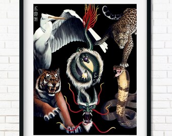 Chinese Martial Arts Animal Styles Print, Mythic Creatures Kung Fu, Dragon Tiger Crane Leopard Snake, Dojo Decor, Gift for Karate Teacher
