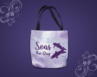 Seas The Day Dolphin Purple Tote Bags, Eco Friendly Gifts, Funny Quote, Beach Bag, Resuable Shopping Bag, Save the Ocean, School Bag