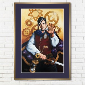 May include: Framed steampunk-themed artwork featuring a man in a burgundy vest, blue cape, and white shirt. He holds a sword and a gear-shaped object, with a clock-like emblem on his chest. The background includes golden gears and a starry cape.