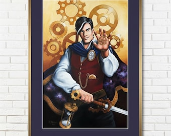 Steampunk Wizard Print - Chronomancy, Time Traveller, Clockwork Wall Art, Fantasy Illustration, Gift for Gamers, Sci-Fi and Fantasy Lovers