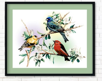 Songbirds Watercolor Print, Bird Wall Art, Floral Spring Illustration, Botanical Nature Artwork, Cottagecore Decor, Gift for Bird Lover