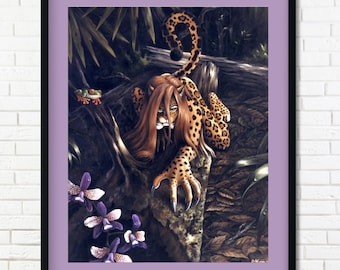 Furry Art Print - Jaguar Woman Fantasy Illustration, Anthro Artwork, Jungle Cat Girl Wall Art, Gift for Fantasy Art Lovers, Furry Fans
