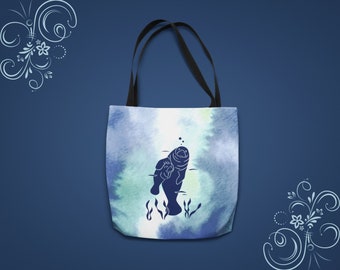 Manatees Blue Tote Bags, Manatee Lover Gift, Beach Lover Gift, Reusable Shopping Bag, Save the Ocean, Save the Planet