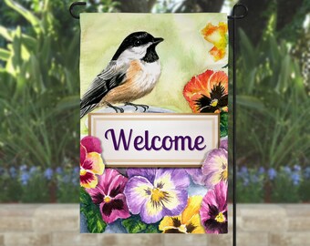 Chickadee and Pansies Yard Flag, Garden Flag, Personalized Decor, Garden Decor, Garden Art, Yard Art, Bird Art, Outside Decor