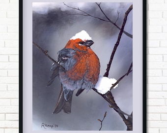 Grumpy Bird Print, Funny Animal Wall Art, Winter Pine Grosbeak Illustration, Moody Wildlife Artwork, Cottagecore Decor, Gift for Bird Lover