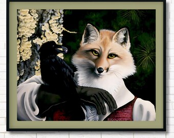 Fox and the Raven Print, Fairy Tale Anthro Animal Wall Art, Aesop's Fables Illustration, Folklore Artwork, Gift for Fantasy or Furry Fan