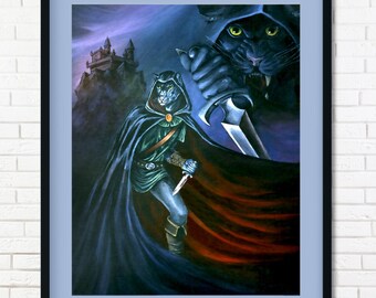 Furry Art Print - The Assassin, Black Panther Rogue, Medieval Fantasy Artwork, Anthro Art, Dark Academia Wall Illustration, Goth Gift