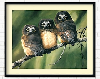 Owl Art Print - Three Owlets, Goblincore Woodland Nursery Decor, Birds of Prey Art, Cottagecore Gift for Nature Lovers