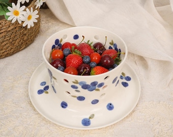 Fantazyjna miska na jagody, ręcznie malowana ceramiczna miseczka z dołączonym spodkiem, fantazyjna kuchnia ogrodowa, serwująca na urodziny