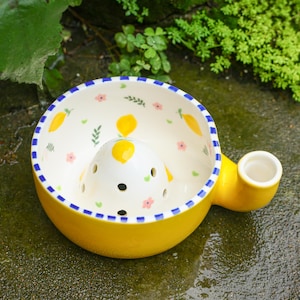 Retro Yellow Lemon Berry Bowl Ceramic Fruit Washer Colander Bowl Hand Painted Citrus Floral Pottery Kitchen Decor Bright Summer Hostess Gift