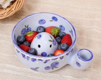 Blueberry Berry Bowl Ceramic Fruit Washer Lavender Blue Colander Handmade Pottery Produce Rinser Side Drain Channel Cottagecore Kitchen Gift