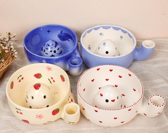 Bol à fruits en céramique personnalisé, lave-fruits, passoire à fruits en céramique, motif fraise, cerise, myrtille, cœur et fleur d'océan, poterie artisanale, rince-fruits, cadeau de cuisine
