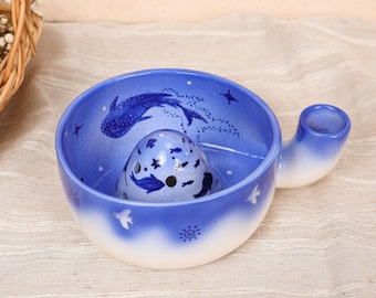 Ocean Whale Berry Bowl Ceramic Fruit Washer Blue Sea Strainer Bowl Handmade Pottery Produce Rinser Side Drain Channel Coastal Kitchen Gift