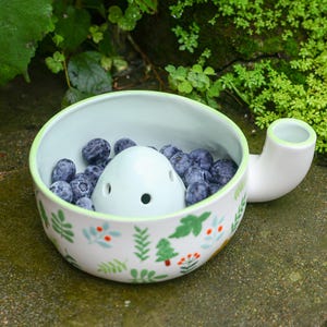 May include: A white ceramic berry bowl with a light green rim and a side handle, featuring a pattern of green leaves and red berries. Inside the bowl sits a white, dome-shaped ceramic insert with small holes, filled with fresh blueberries.
