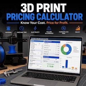 Könnte beinhalten: Ein Laptop zeigt eine 3D Print Pricing Calculator Tabelle mit Kostenaufschlüsselung, Tortendiagrammen und Balkendiagrammen. Der Bildschirm zeigt Eingabewerte für Material, Maschinenzeit, Strom, Fehlertoleranz und Gebühren mit Gesamtkosten von 27,99 $.
