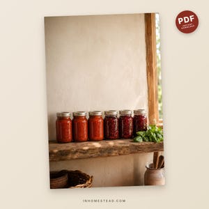 Guía de conservas para principiantes en PDF: 12 recetas probadas, tarjeta de referencia de seguridad, referencias del USDA, descarga instantánea.