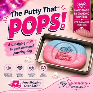 May include: A rectangular metal tray containing a dual-colored blue and pink putty embossed with the text Spinning Sparkles. The image features text including The Putty That POPS!, Hand Made By Diamond Painters, and icons for sound, quality, and scent.