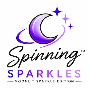 May include: A logo featuring a purple crescent moon with a surrounding ring and three four-pointed stars. Below the graphic, the text reads Spinning in black script, SPARKLES in purple, and MOONLIT SPARKLE EDITION in black.