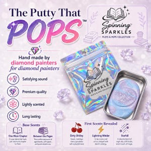 May include: A holographic pouch and a small rectangular metal tin containing a swirl of blue and purple putty with embossed star designs. The text reads The Putty That POPS, Spinning Sparkles, and lists features like satisfying sound and scents.