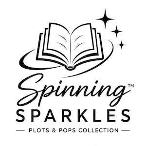 May include: A black and white logo featuring an open book icon with a curved line underneath and three four-pointed stars. The text reads Spinning SPARKLES in a mix of script and block letters, followed by PLOTS & POPS COLLECTION.