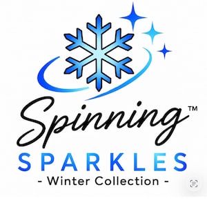 May include: A logo featuring a blue snowflake icon with a curved swoosh and three four-pointed stars. Below the icon, the text reads Spinning in black script, followed by SPARKLES in blue, and - Winter Collection - in black text.