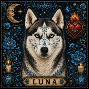 May include: A square illustration featuring a husky with blue eyes and blue filigree markings on its face. The background displays a crescent moon, a flaming heart, blue flowers, and two lit candles in vases. The name LUNA is printed at the bottom.