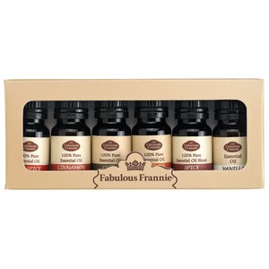 May include: A set of eight 10 ml glass bottles of essential oil in a cardboard box. The bottles are labelled with the names of the essential oils: Spice, Cinnamon, Clove, Orange, Spice Blend, Vanilla. The box is labelled "Fabulous Frannie".