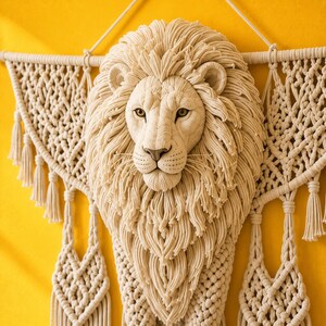 May include: A wall hanging featuring a central sculpted lion head with a detailed mane made of cream-colored cord. The lion is surrounded by intricate macrame knotting patterns that extend outward, finished with multiple hanging tassels at the bottom.