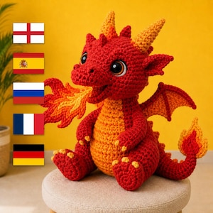 Virkat drakemönster PDF på engelska, spanska, ryska, franska och tyska | Amigurumi Elddraken Handledning | Digital nedladdning