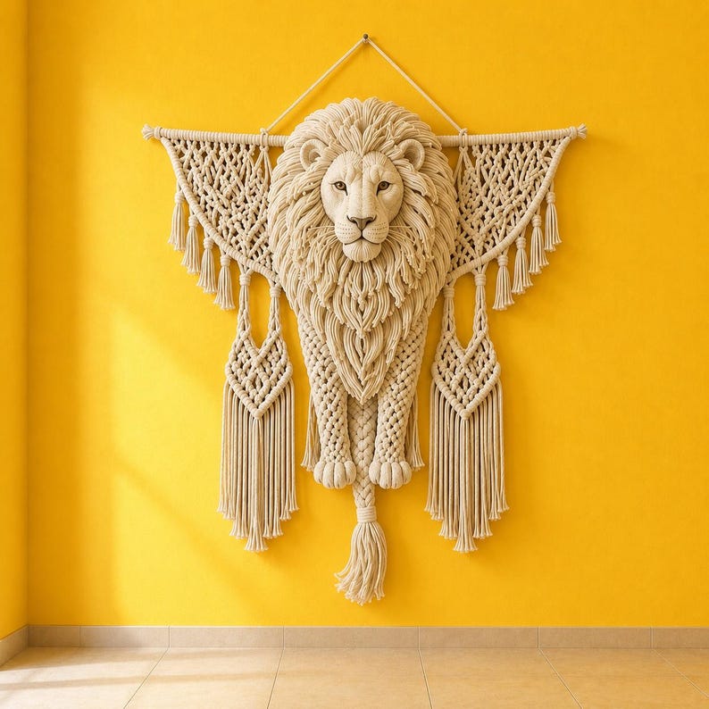 May include: A cream-colored macrame wall hanging featuring a central lion head with a detailed mane, front paws, and a long tail. The design includes intricate knotted patterns, geometric side panels, and long fringe tassels hanging downwards.