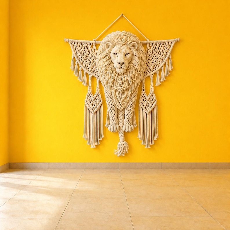 May include: A cream-colored macrame wall hanging featuring a central lion head with a detailed mane, intricate knotted patterns, and long fringe tassels. The piece is suspended from a horizontal bar with a triangular cord hanger at the top.
