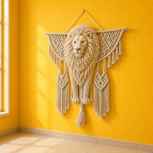 May include: A cream-colored macrame wall hanging featuring a central three-dimensional lion head with a full mane, flanked by intricate geometric knotted patterns and long decorative fringe tassels hanging from a horizontal wooden support bar.