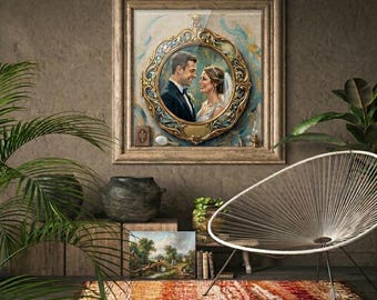 ヴィンテージカップルの油絵（金色の額縁入り）モックアップ、デジタルダウンロード可能な印刷用ウォールアート、Etsyセラー向けのウェディングポートレート背景
